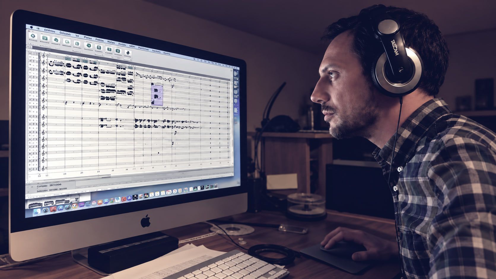 Sergio Cano Ortiz con auriculares, escribiendo un arreglo en el ordenador.